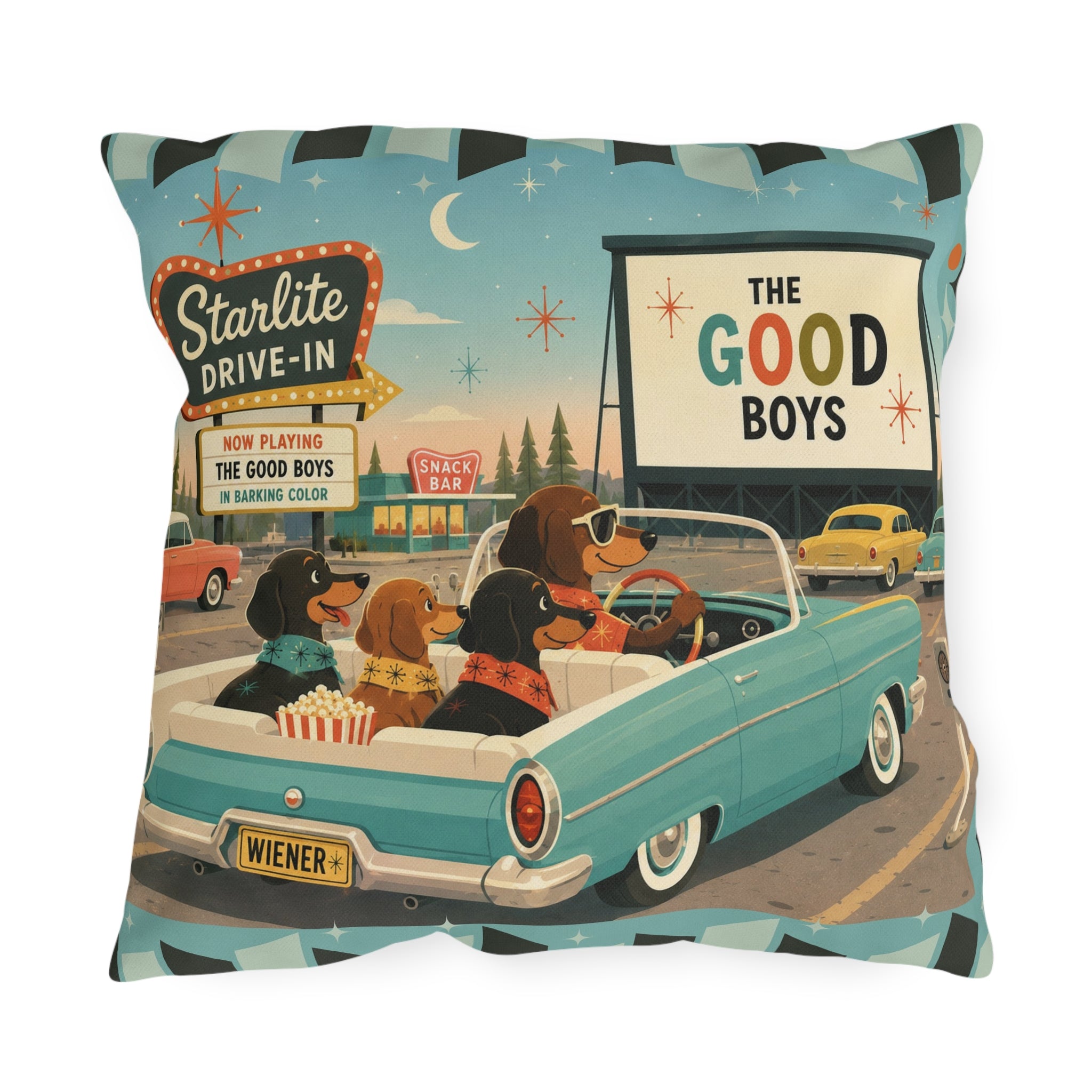 MCM Dachshund Drive-In Dogs Retro Art Outdoor Pillow | Vintage Movie Night