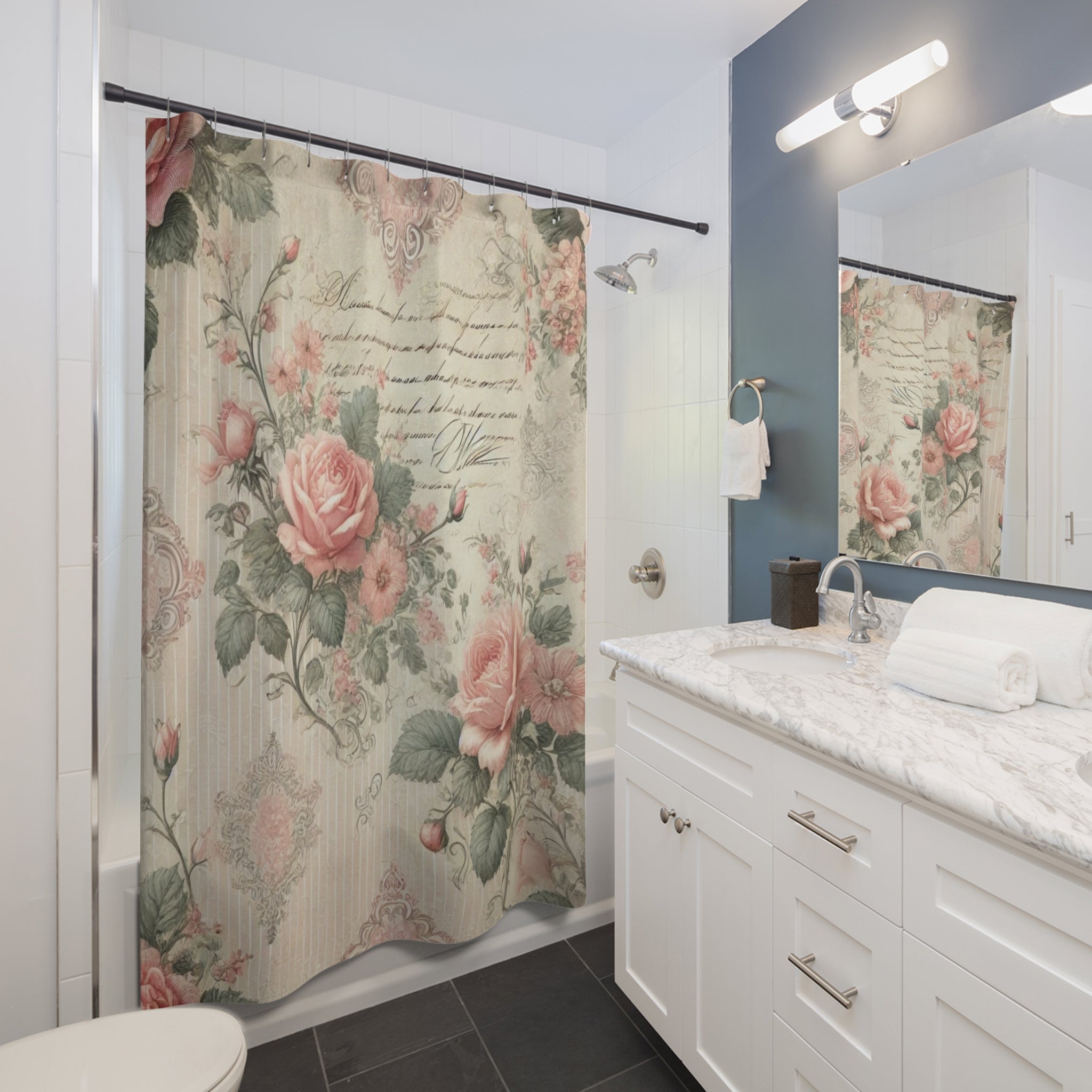 Pink floral Shabby chic vintage script Shower Curtain, French country, elegant bathroom decor, stall shower curtain