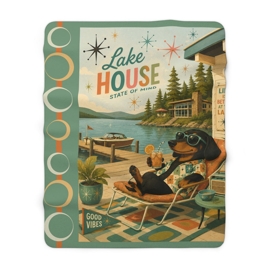 MCM Lake House State of Mind Sherpa Blanket | Retro Dachshund Lake Cabin Art