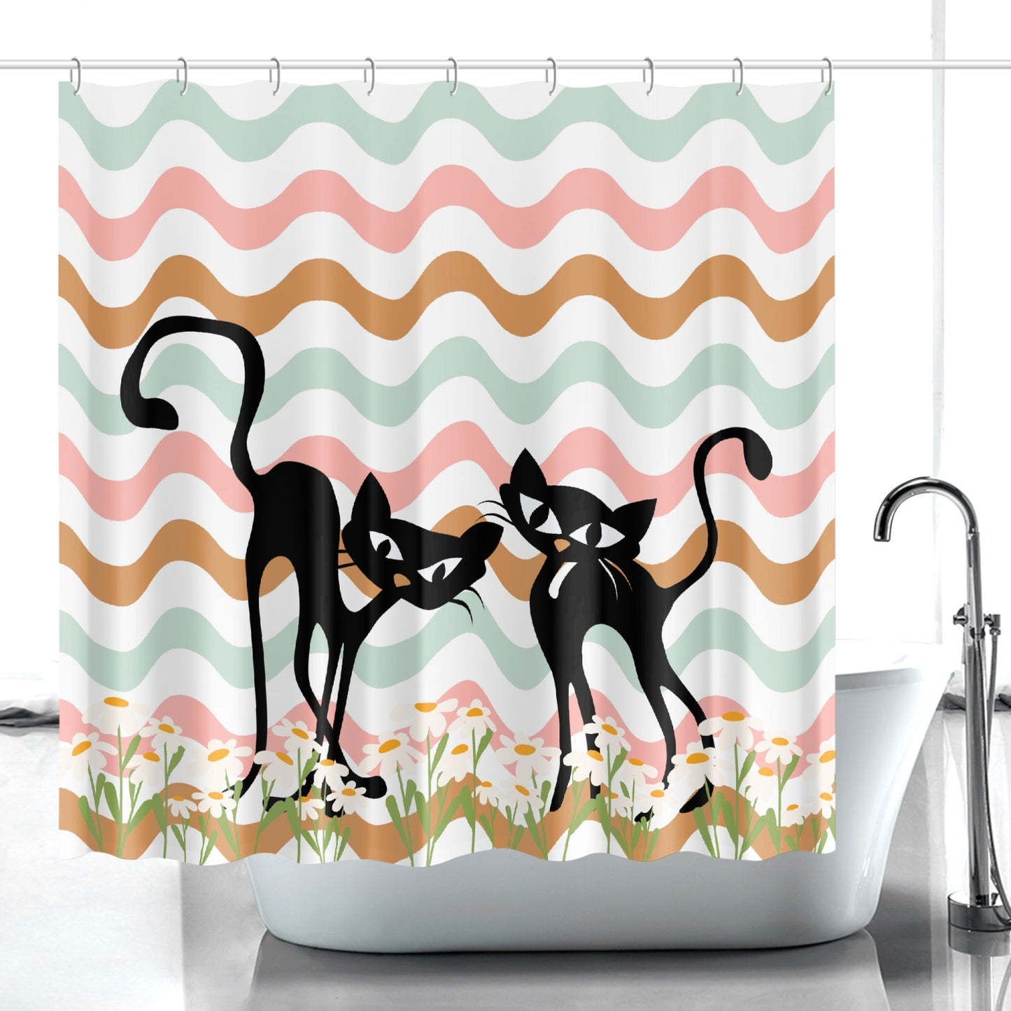 Atomic cat retro inspired daisy Quick-drying Shower Curtain