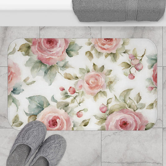 Pink watercolor roses shabby chic Bath Mat, French vintage inspired, non slip mat, bathroom decor, Farmhouse bathmat