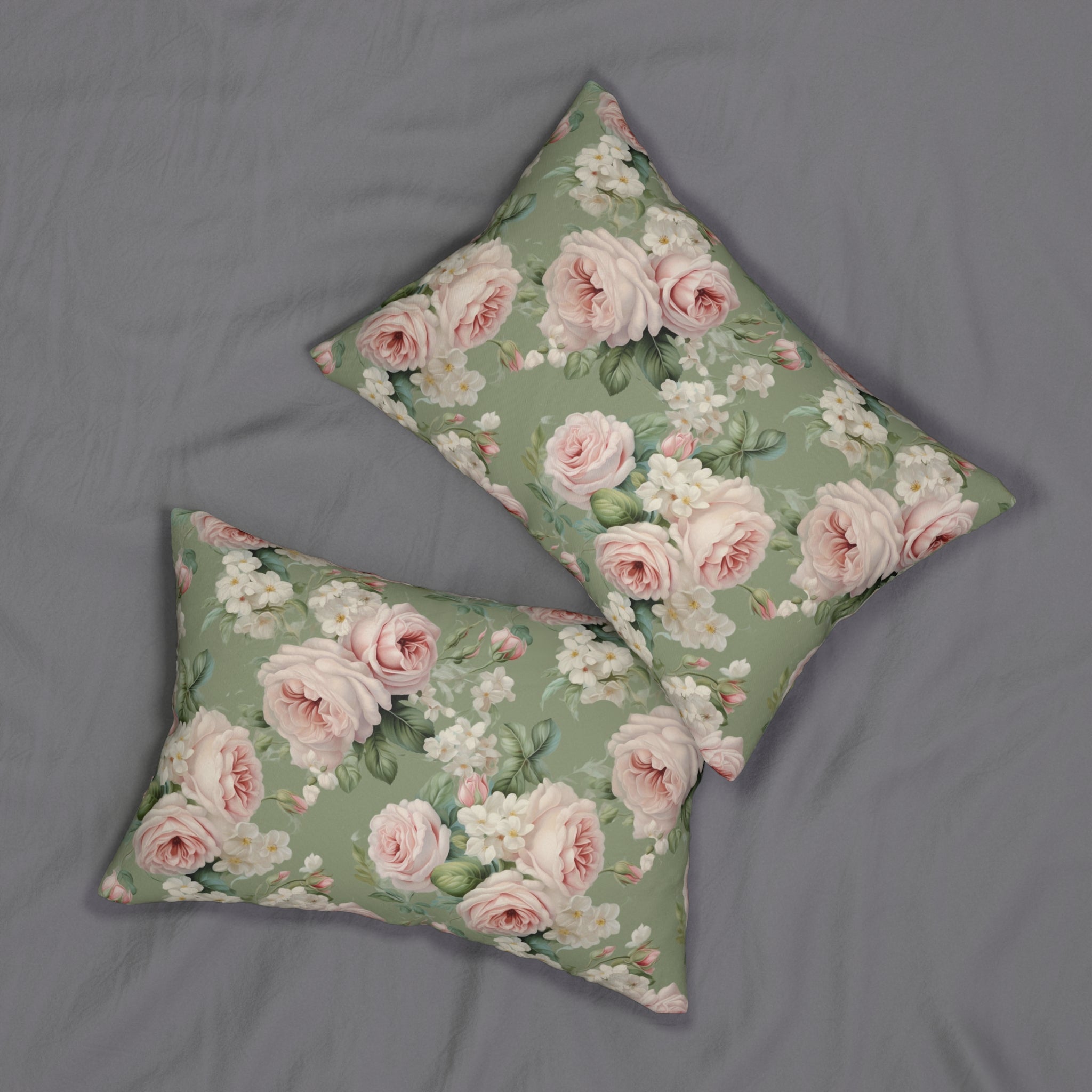 Pink vintage rose with green background Spun Polyester Lumbar Pillow, Farmhouse decor, Shabby chic, chic throw pillow, scatter cushion