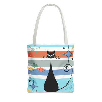 Atomic cat retro tote bag, black cat lover, mid century modern tote carry bag