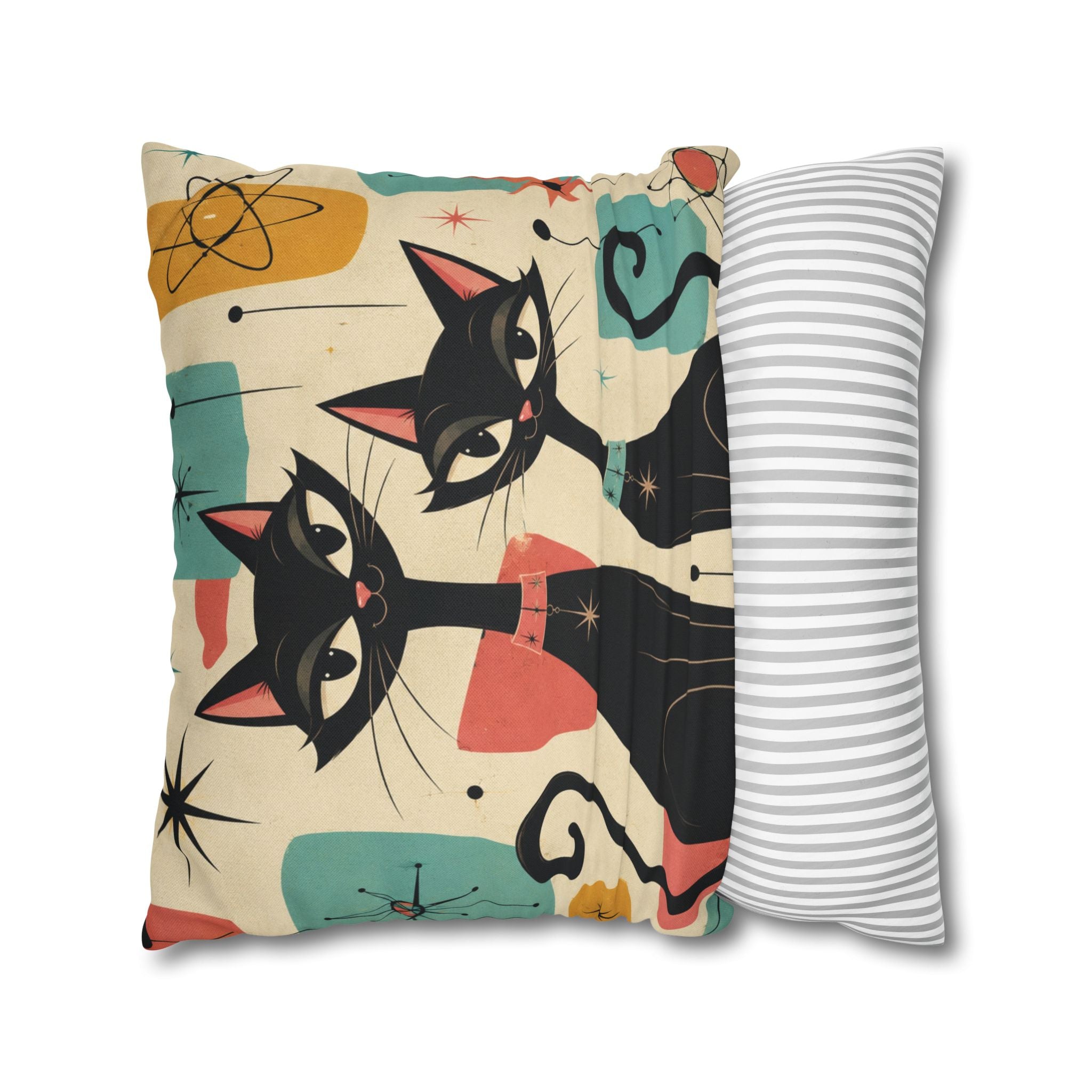 Mid Century Retro Atomic Black Cats Pillowcase | Spun Polyester Square Pillowcase - COVER ONLY