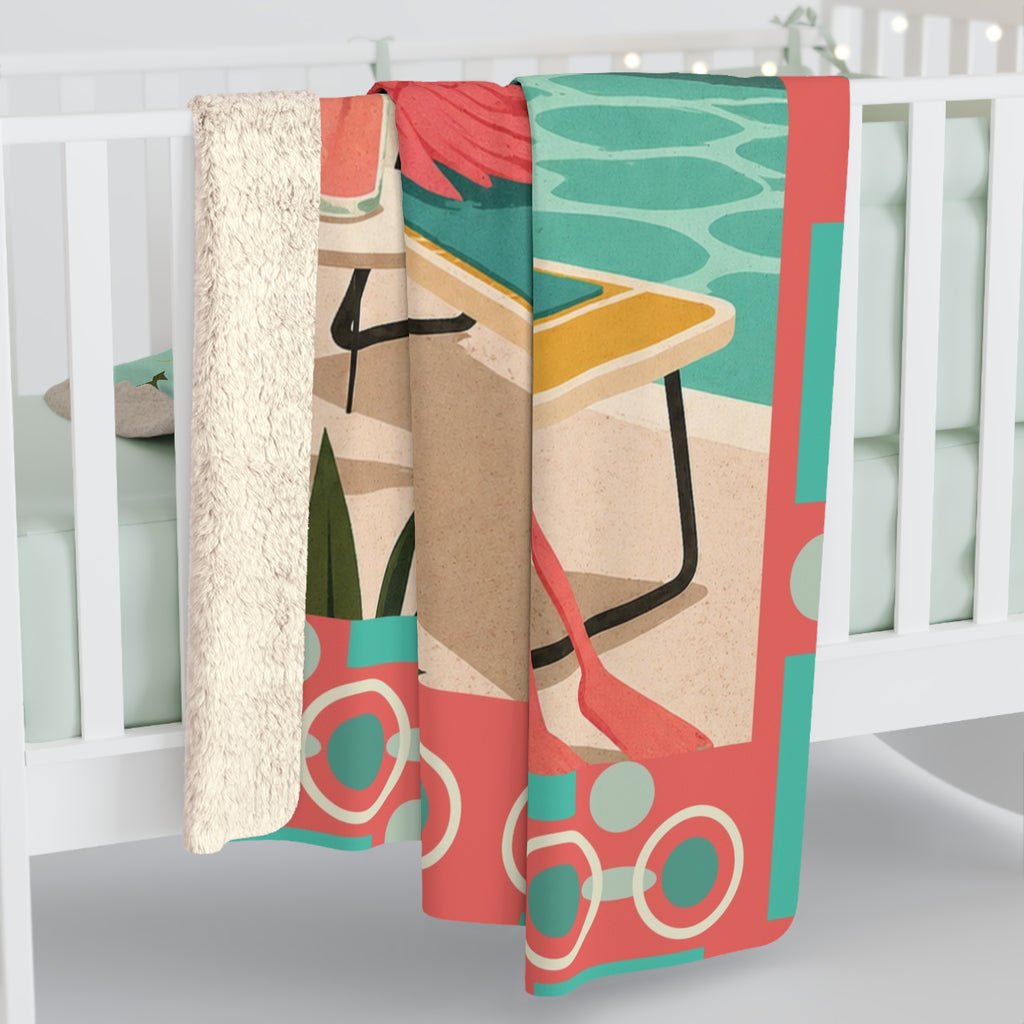 Retro Flamingo sun bathing Sherpa Blanket | Mid Century Tropical Throw