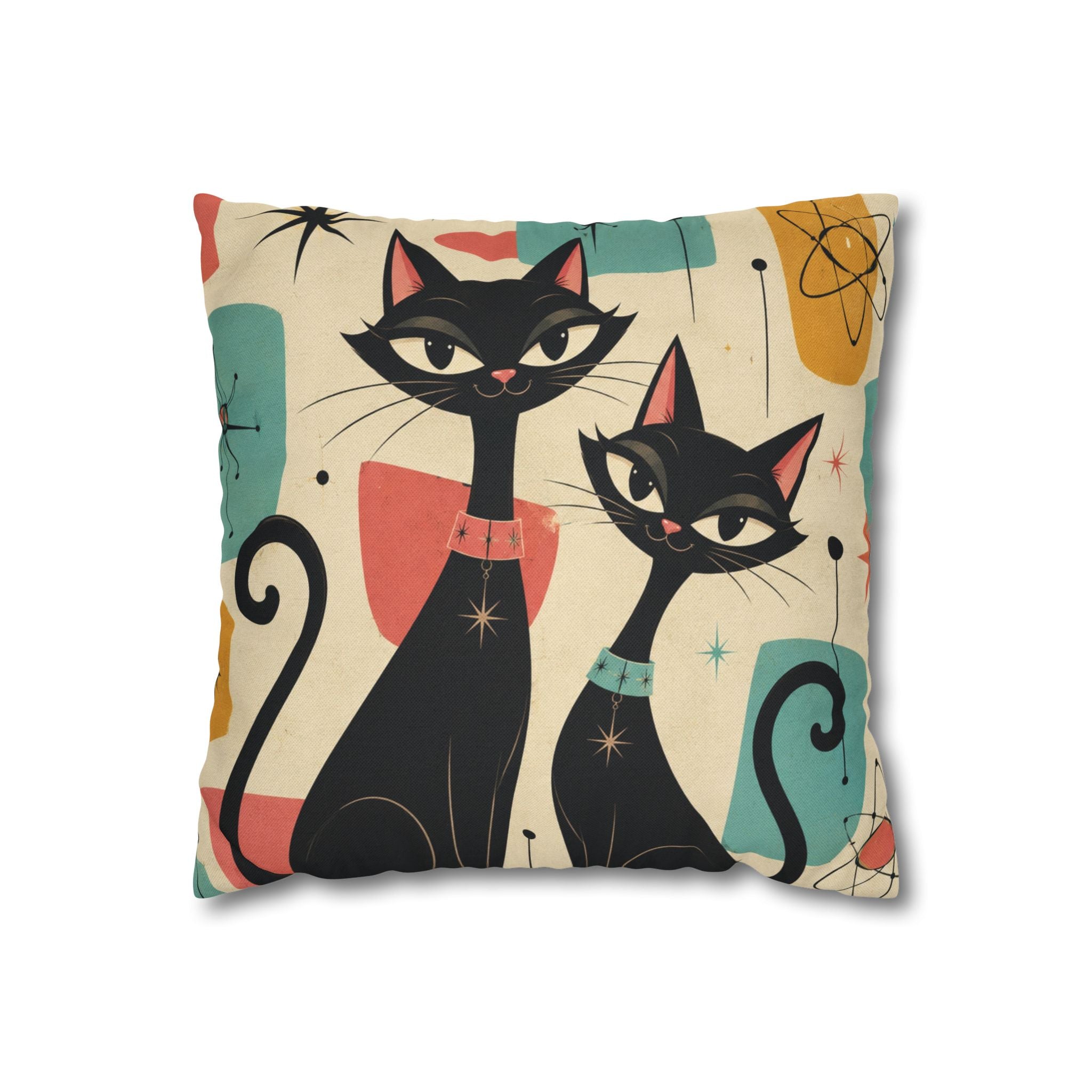 Mid Century Retro Atomic Black Cats Pillowcase | Spun Polyester Square Pillowcase - COVER ONLY