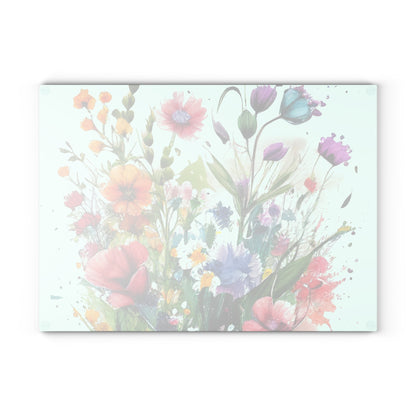 Glass Cutting Board, wildflower tempered glass, cheese board, bread, serving, flower garden, chopping board