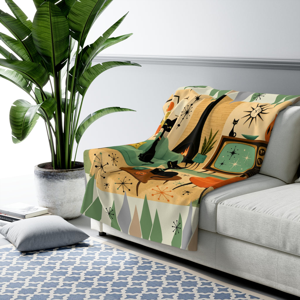 Mid Century Atomic Black Cats Living Room Sherpa Fleece Blanket | Retro Atomic Art