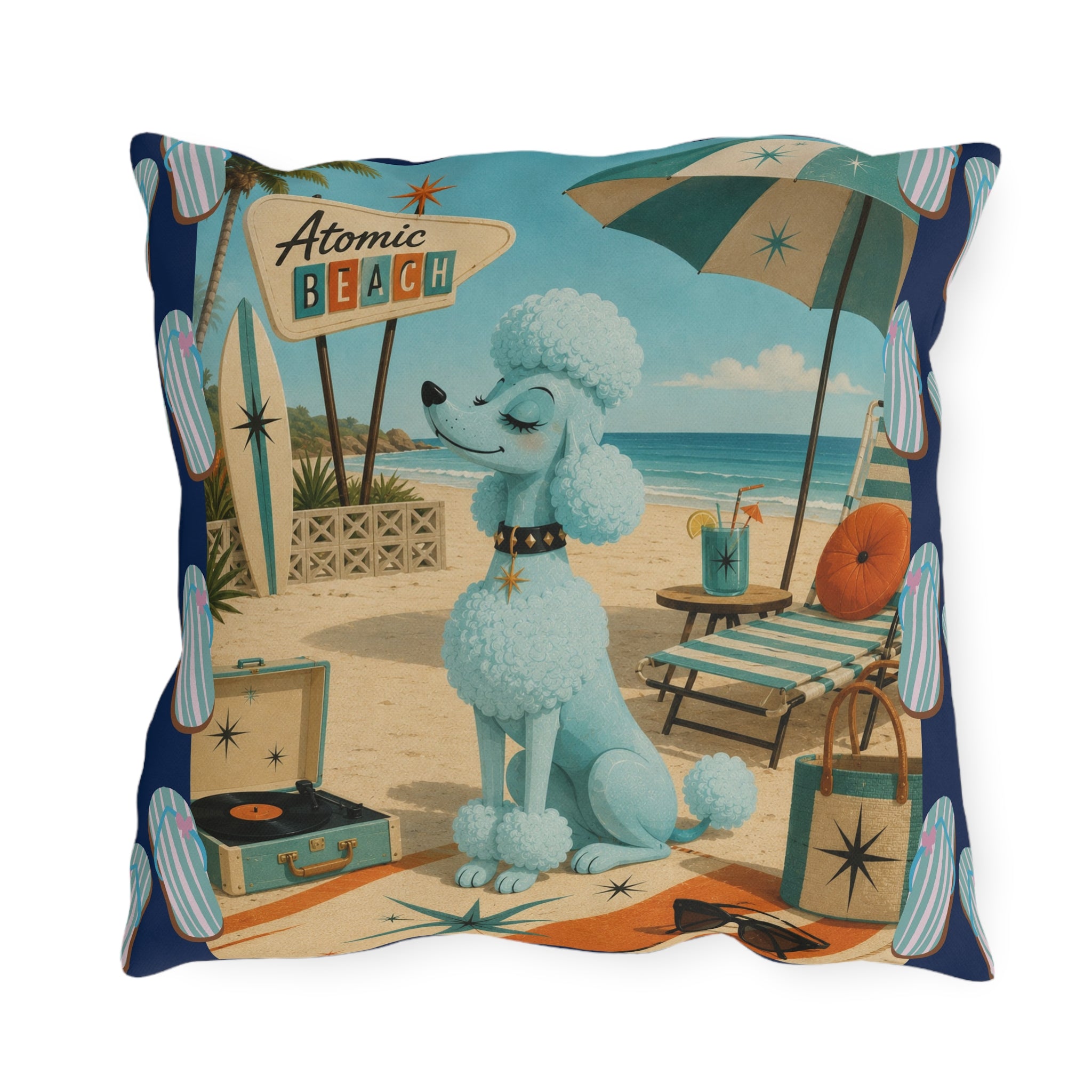 Retro Atomic Beach Blue Poodle Outdoor Pillow | Mid Century Coastal Decor