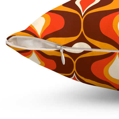 Orange and brown mid century modern retro inspired Spun Polyester Square Pillow, 60s 70s pattern, scatter throw cushion