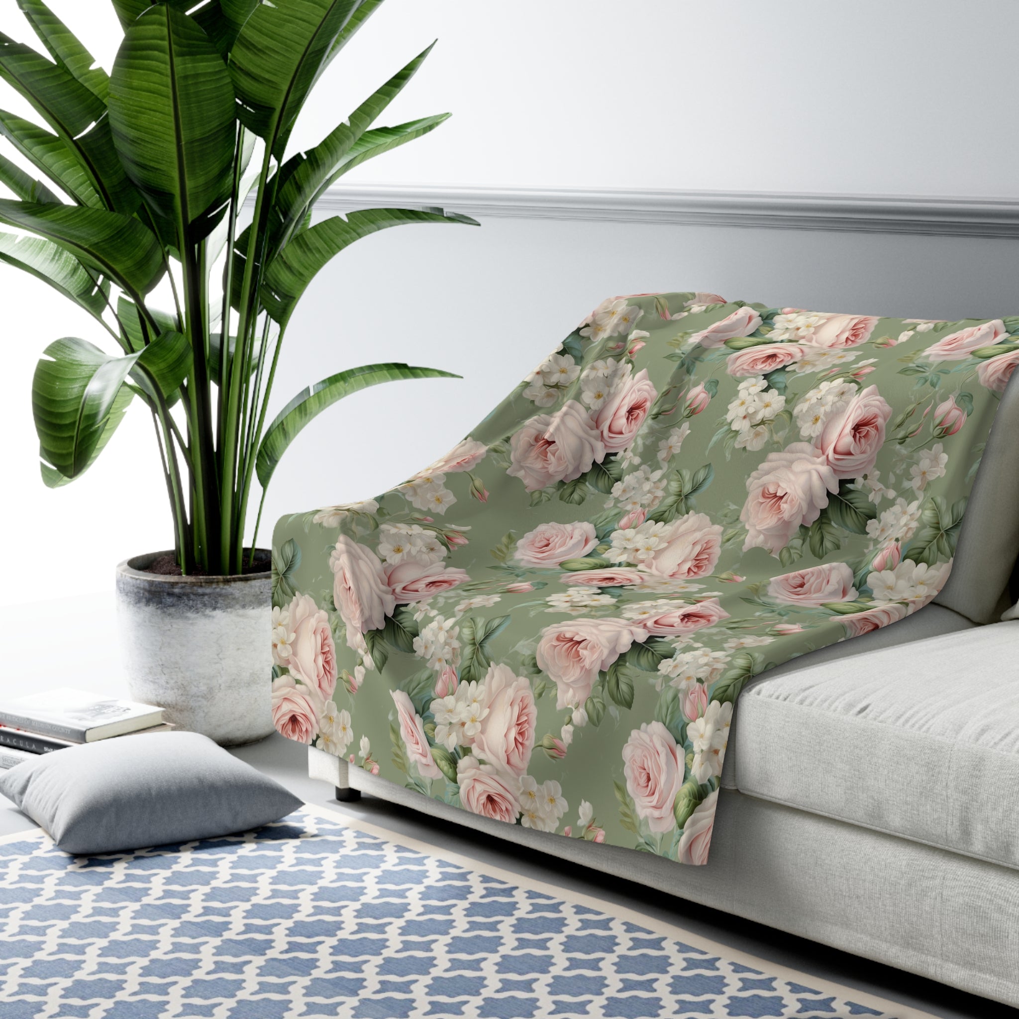 Pink vintage rose with green background Sherpa Fleece Blanket, Farmhouse decor, Shabby chic, country cottage, throw couch blanket