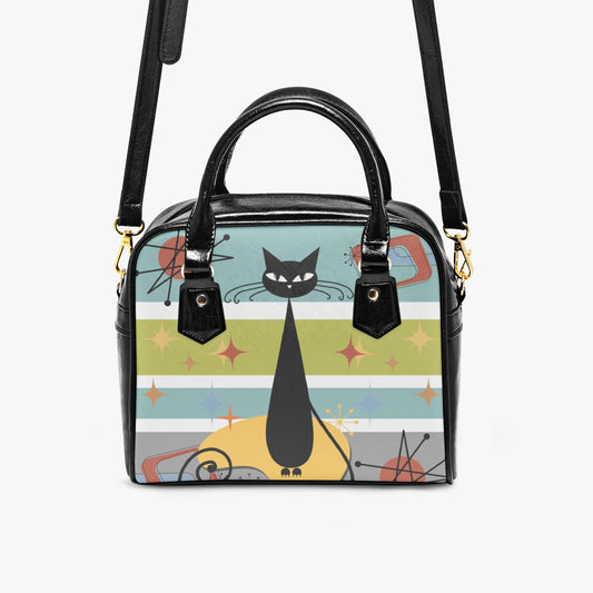 Atomic cat MCM handbag, mid mod purse, retro shoulder bag, saddle bag, black cat lover gift