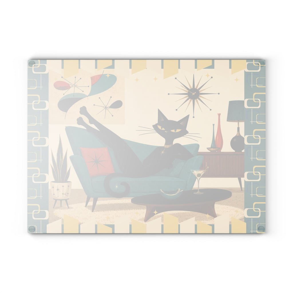Mid Century Lounge Atomic Cat Glass Cutting Board | Retro Atomic Home Kitchen Decor