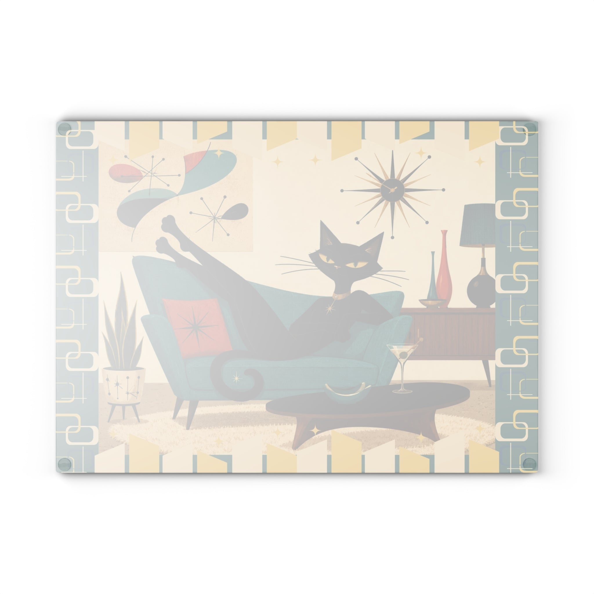 Mid Century Lounge Atomic Cat Glass Cutting Board | Retro Atomic Home Kitchen Decor
