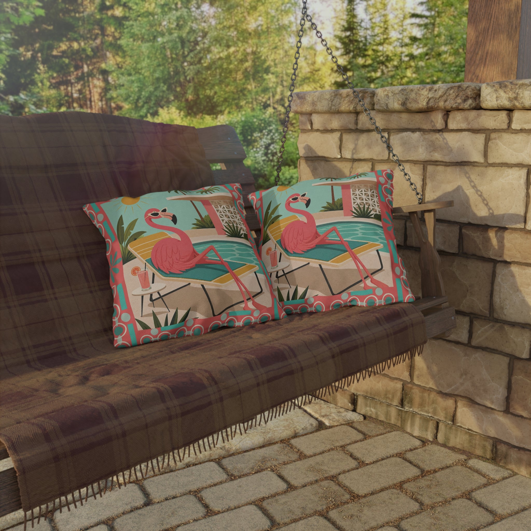 MCM Pink Flamingo Poolside Outdoor Pillow | Retro Mid Century Tropical