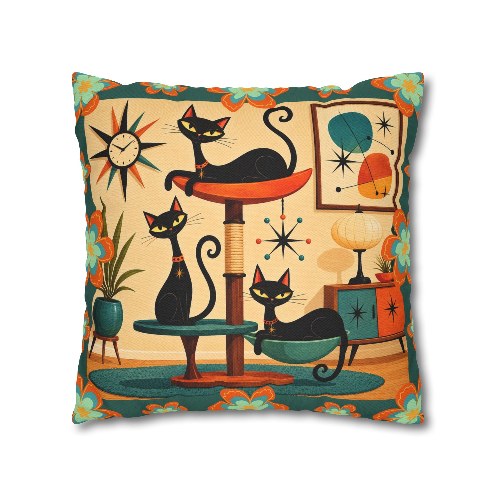 Retro Mid Century Atomic Cats pillowcase | Square Pillowcase - COVER ONLY