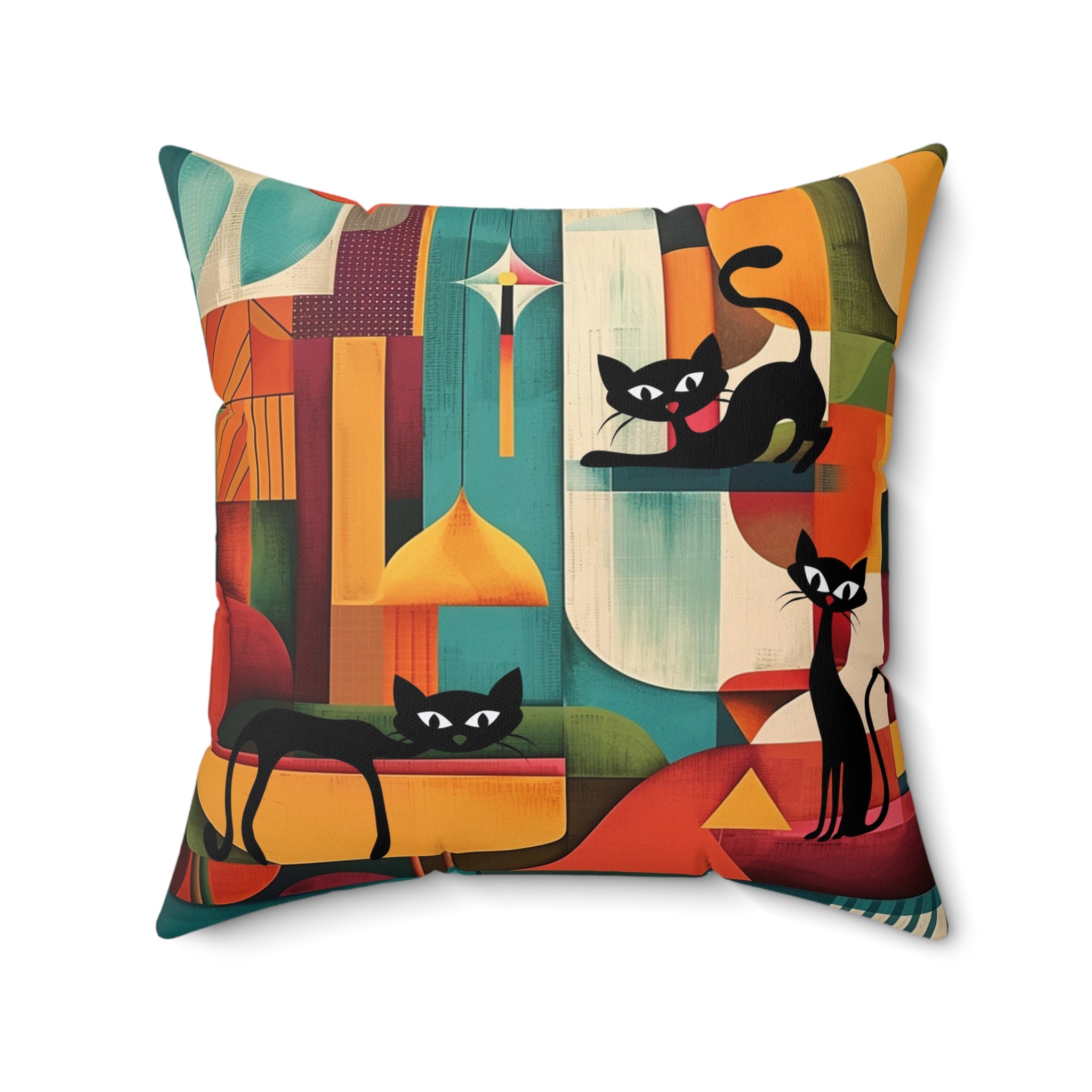 Atomic cat MCM Spun Polyester  Square Pillow, retro Mid Century Modern, black cat lover gift, 50s 60s, throw scatter cushion
