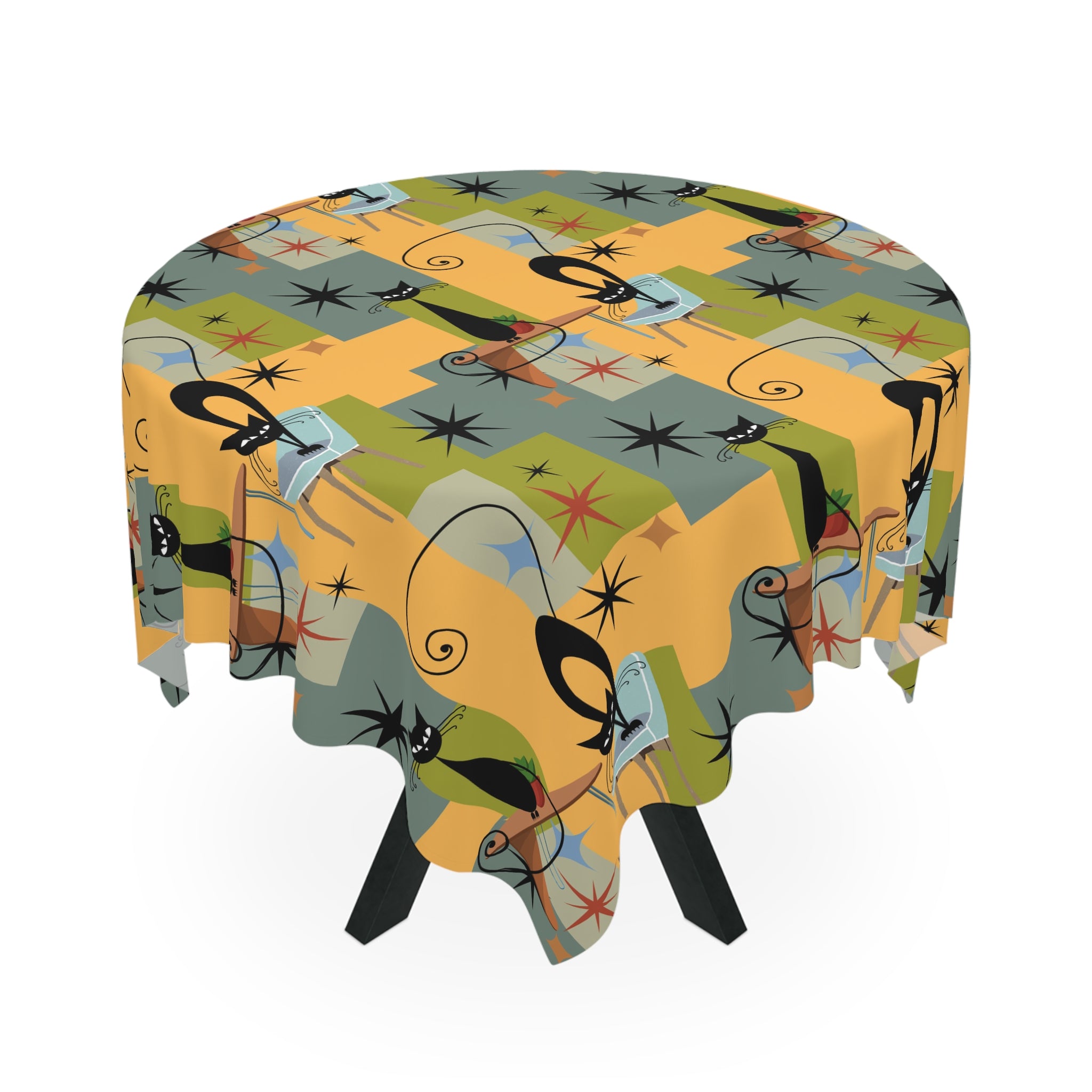 Retro Mid-Century Cat Tablecloth — Atomic Starburst Pattern