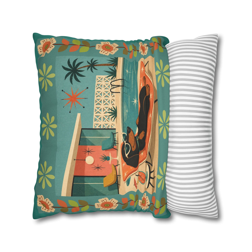 Retro Dachshund Pool Lounge Pillowcase | Square Pillowcase - COVER ONLY - Indoor Use