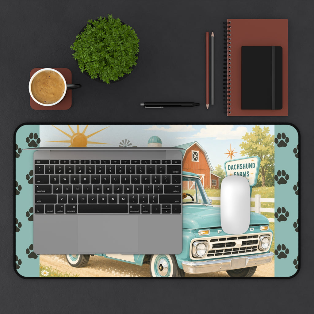 MCM Dachshund Farm Truck Desk Mat | Retro Puppy Road Trip Mouse Pad