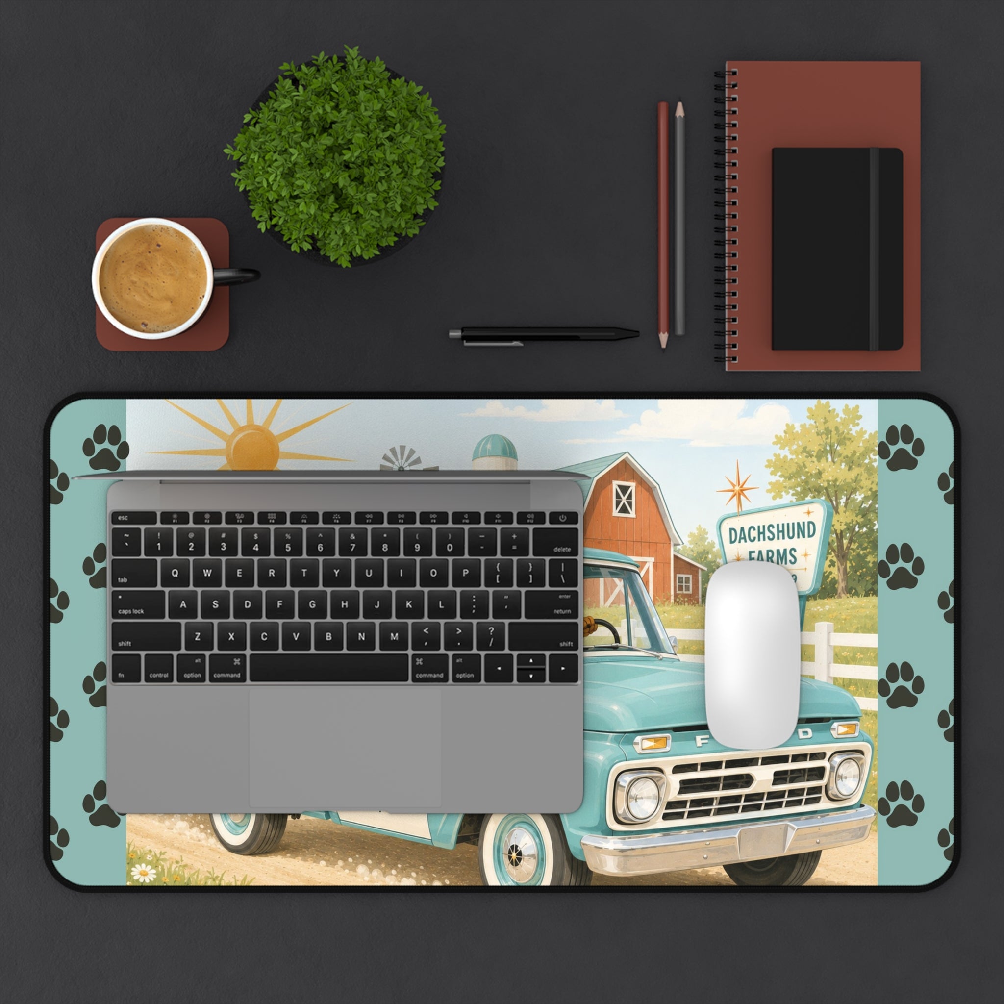 MCM Dachshund Farm Truck Desk Mat | Retro Puppy Road Trip Mouse Pad