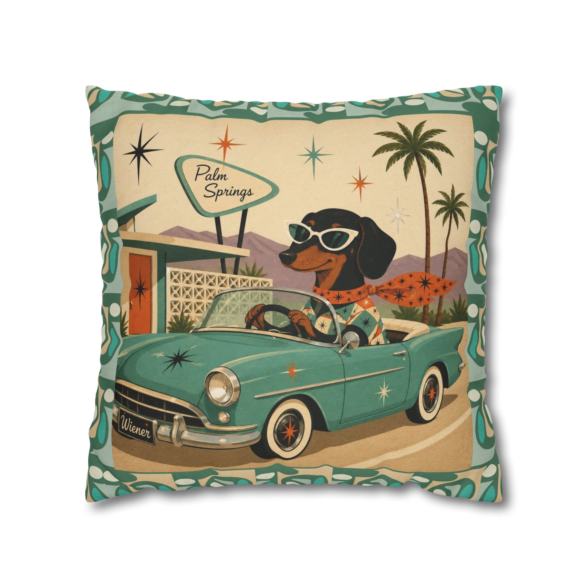 Retro Dachshund Driving Convertible Pillowcase | Palm Springs Vintage Car - COVER ONLY