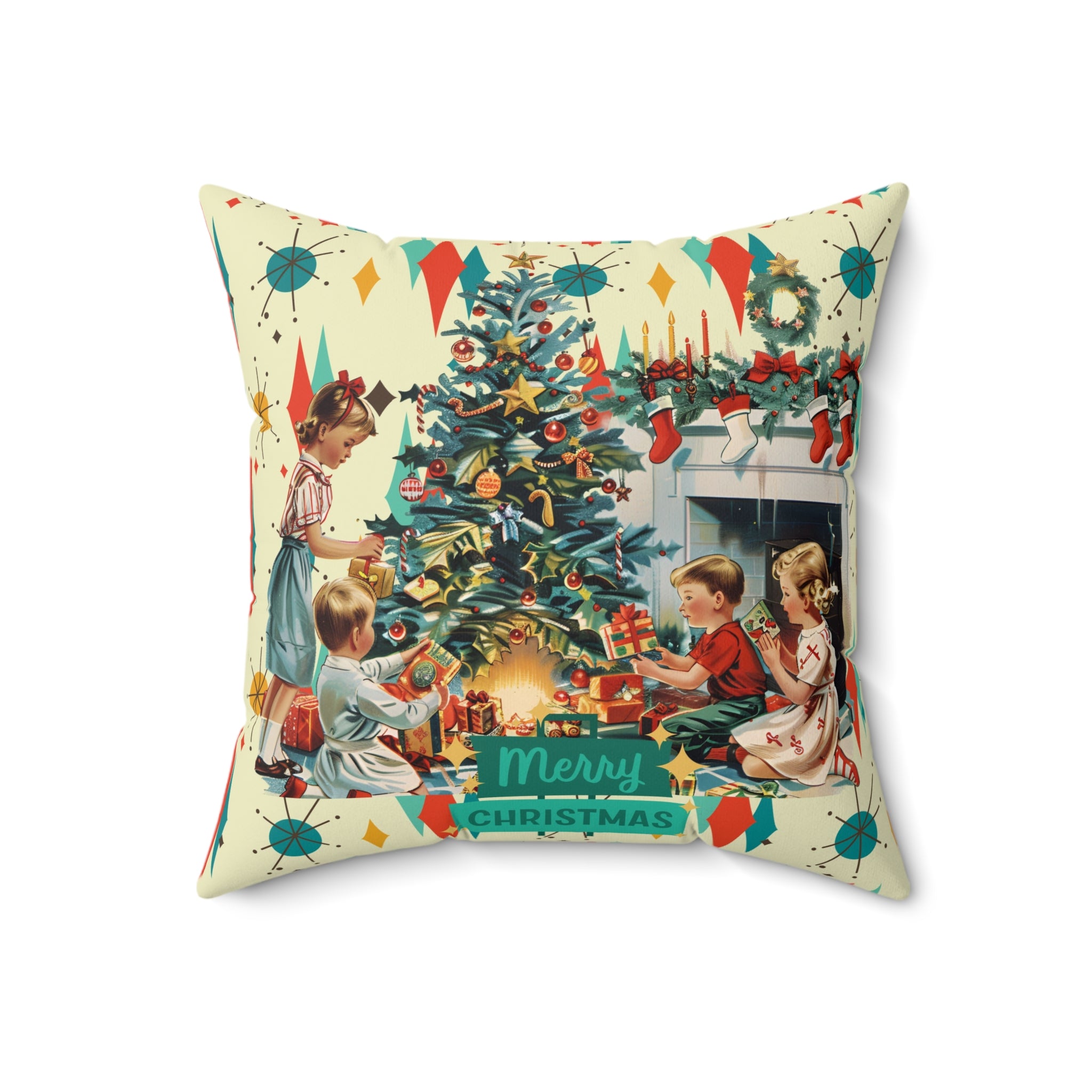 Merry Christmas pillow, Retro Vintage 50s Franciscan Diamond Starburst Kitsch Christmas Card Art Pillow, Retro Vintage 50s scatter cushion