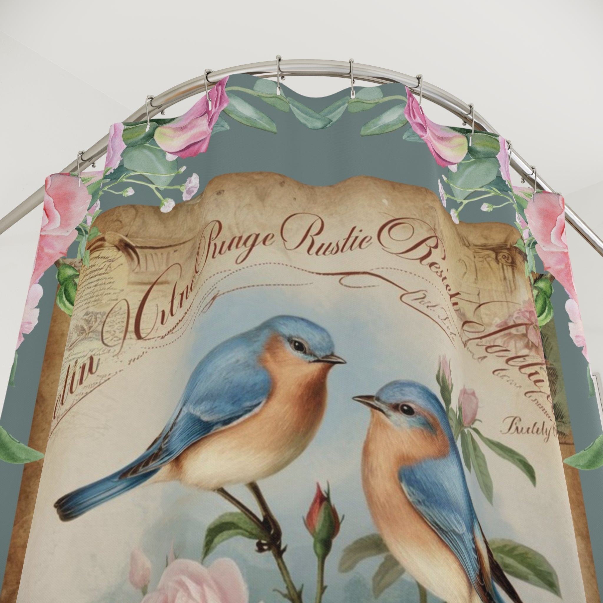 Vintage Floral Shabby chic Shower Curtain with Bluebirds, Rustic Home Decor, Bathroom Accessory, Gift for Bird Lovers
