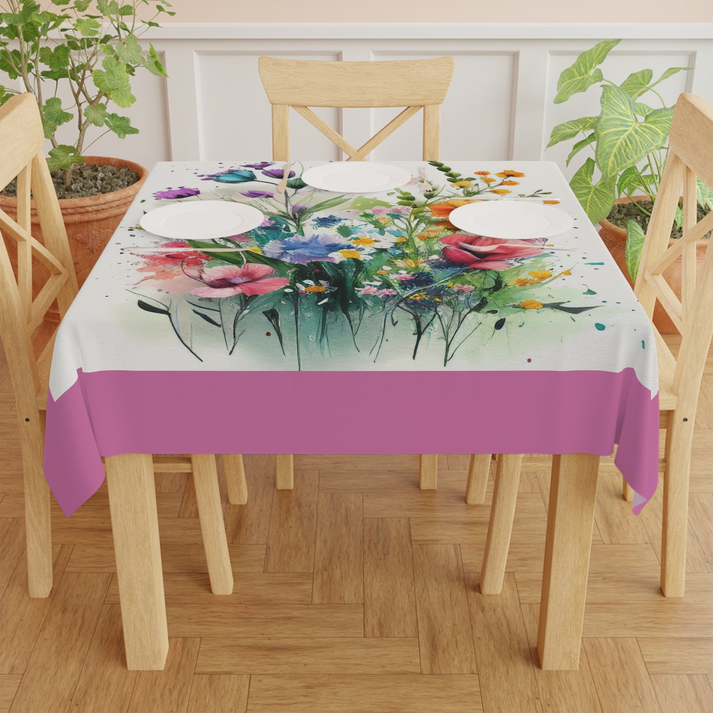 Wildflower spring cottage garden watercolor dining room floral tablecloth