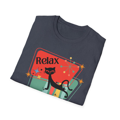 Atomic cat "Relax"retro Unisex Softstyle T-Shirt, mid century modern, black cat lover gift, cute cat shirt, yoga shirt, holiday shirt