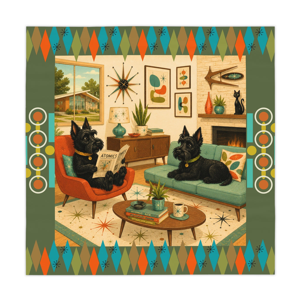 Mid Century Living Room with Scottish Terriers Tablecloth | Retro Atomic Print