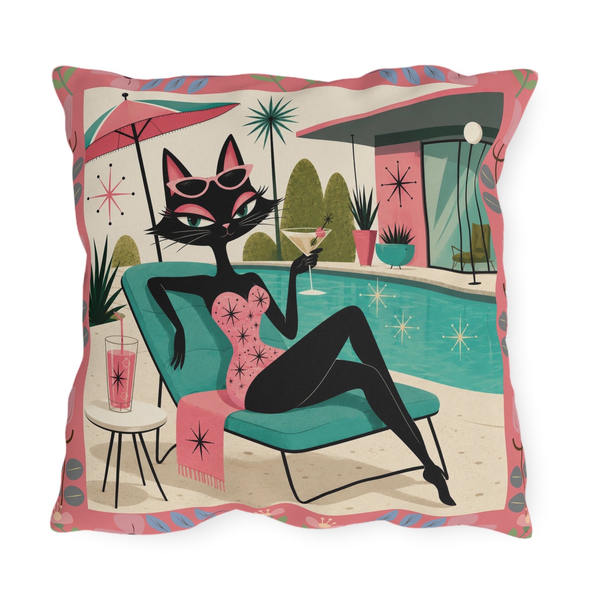 Retro Poolside Cat Outdoor Pillow | Mid Century Modern Cocktail