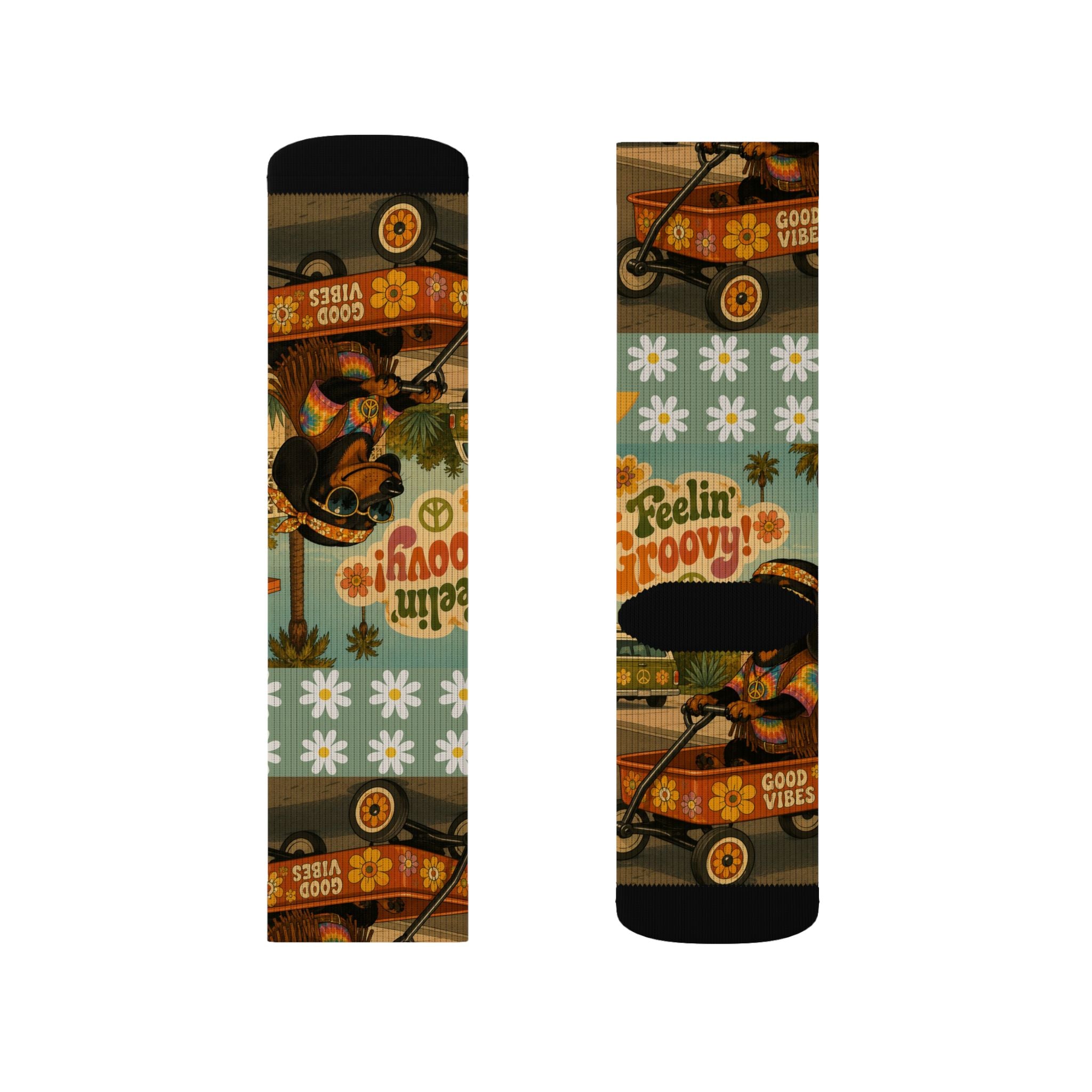 Feelin' Groovy Retro Dachshund Illustration Socks | Vintage Hippie Floral Pattern