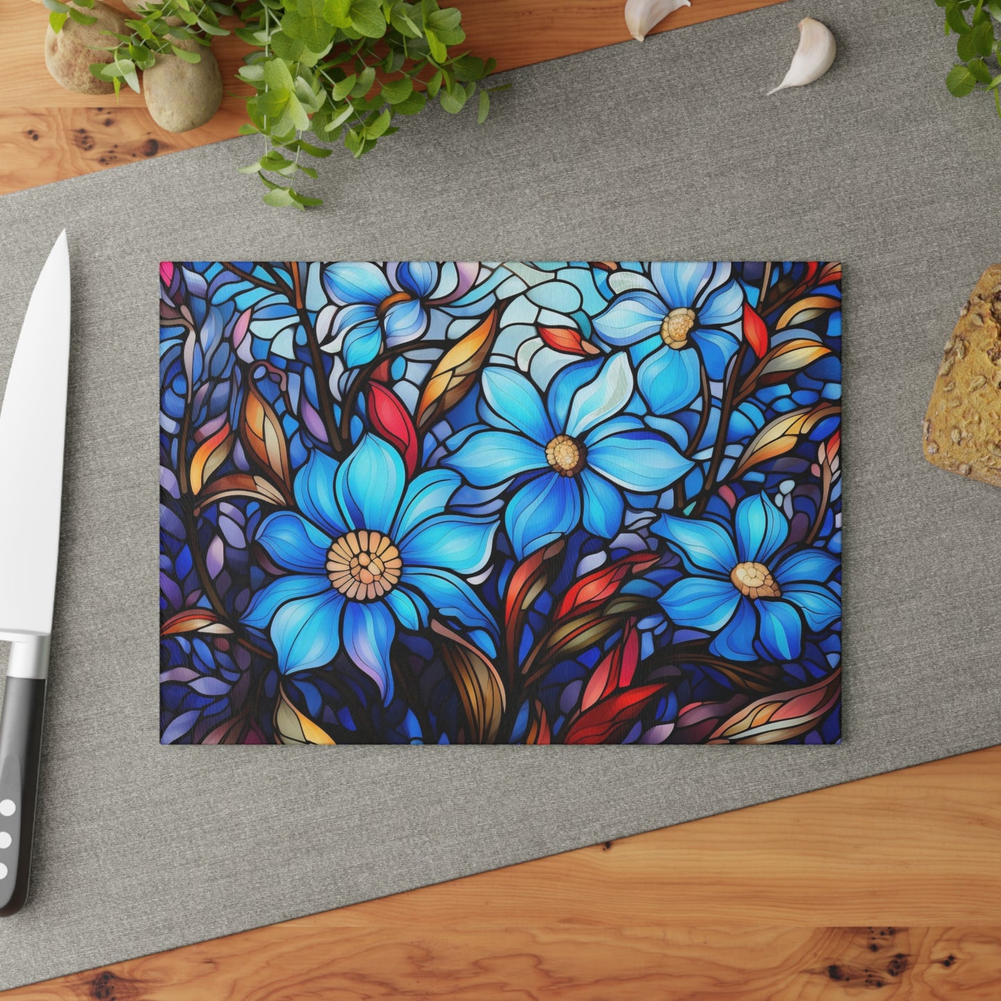 Bright blue stained glass look tempered glass cutting board