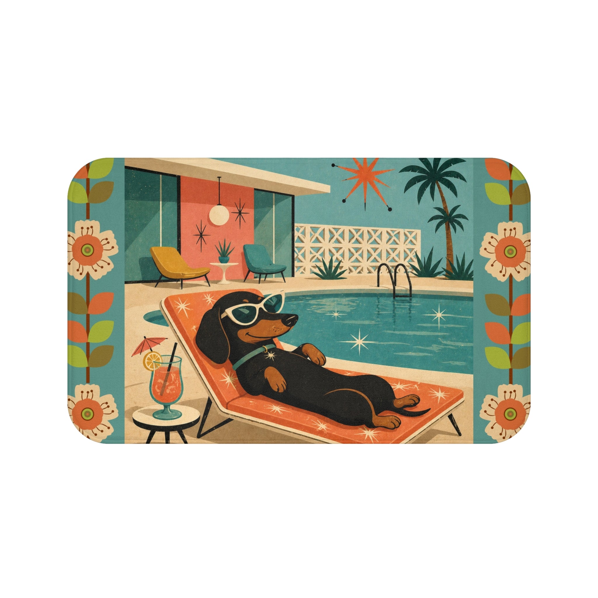 Dachshund Poolside Retro Illustration Bath Mat | Mid Century Tropical Vibe