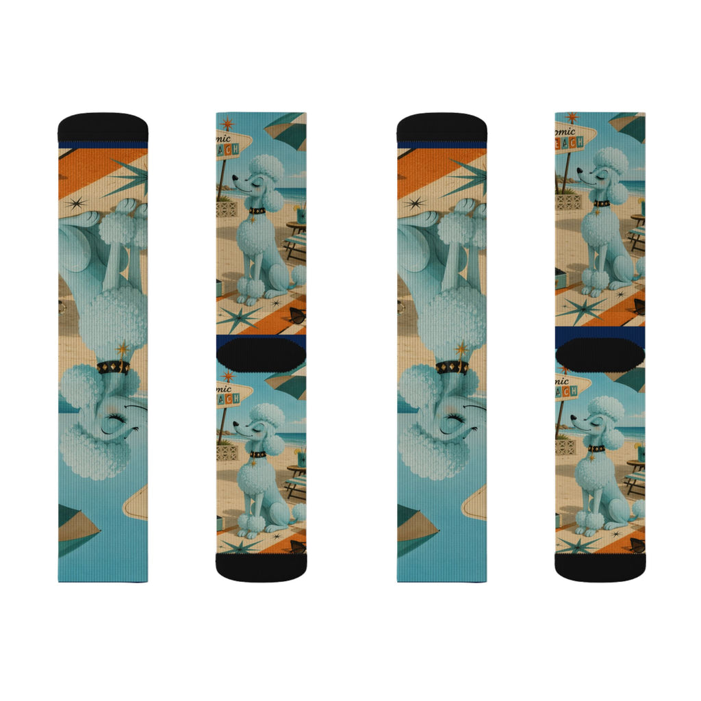 Blue Retro Poodle Pattern Socks | Novelty Mid Century Crew Socks