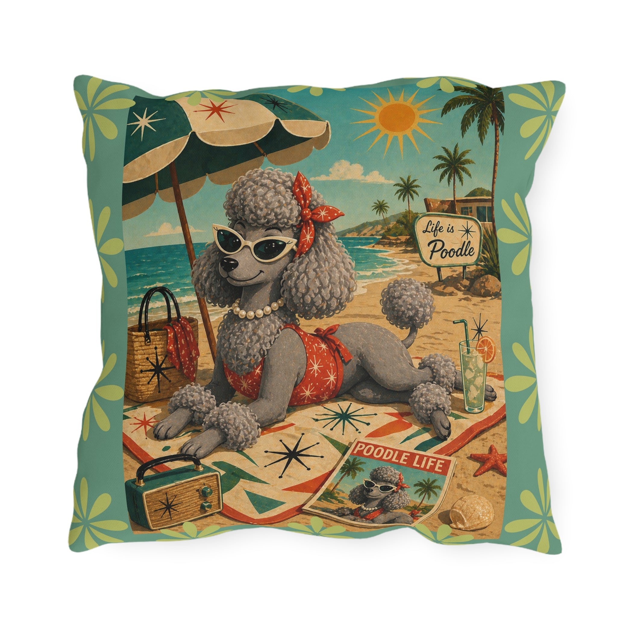Retro Beach Poodle Outdoor Pillow | Vintage MCM Pinup Dog Tropical Scene