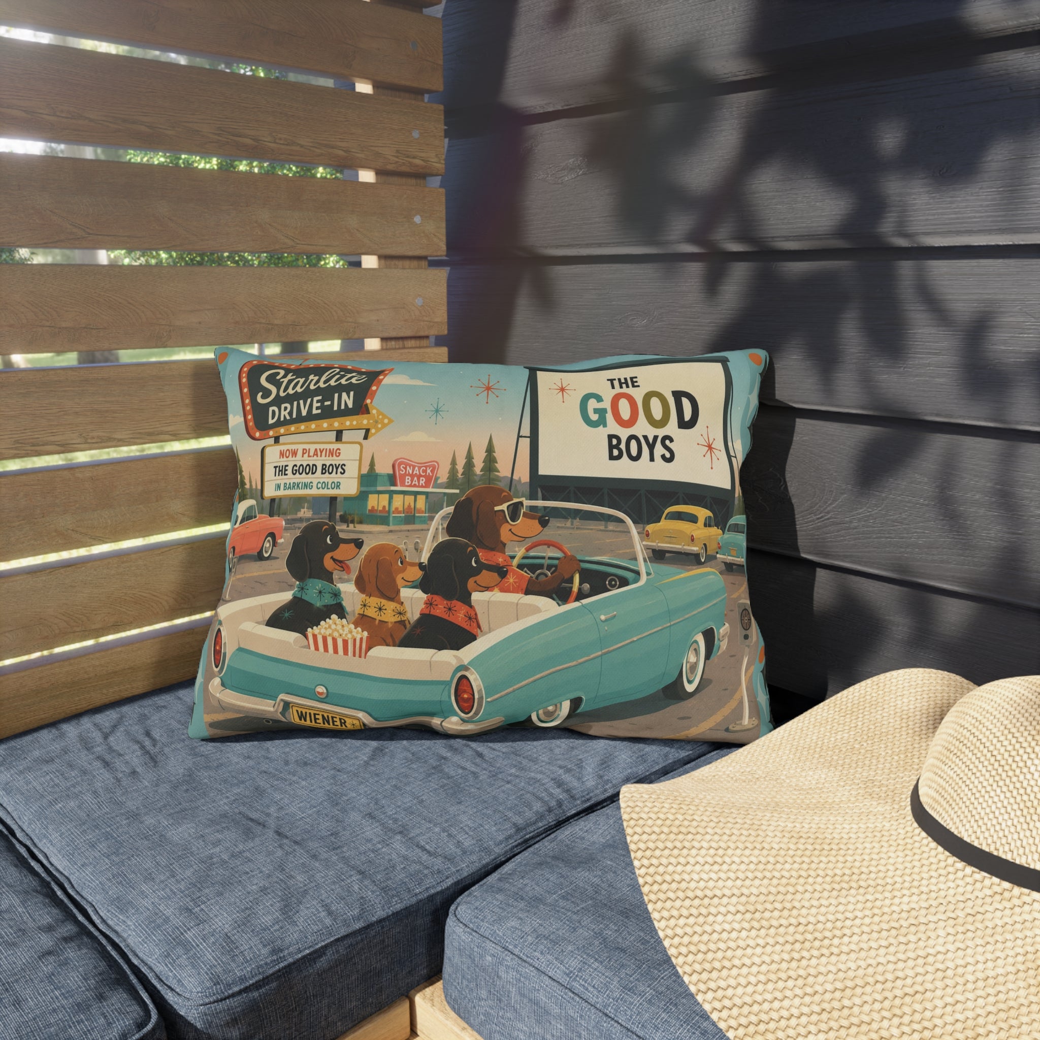 MCM Dachshund Drive-In Dogs Retro Art Outdoor Pillow | Vintage Movie Night