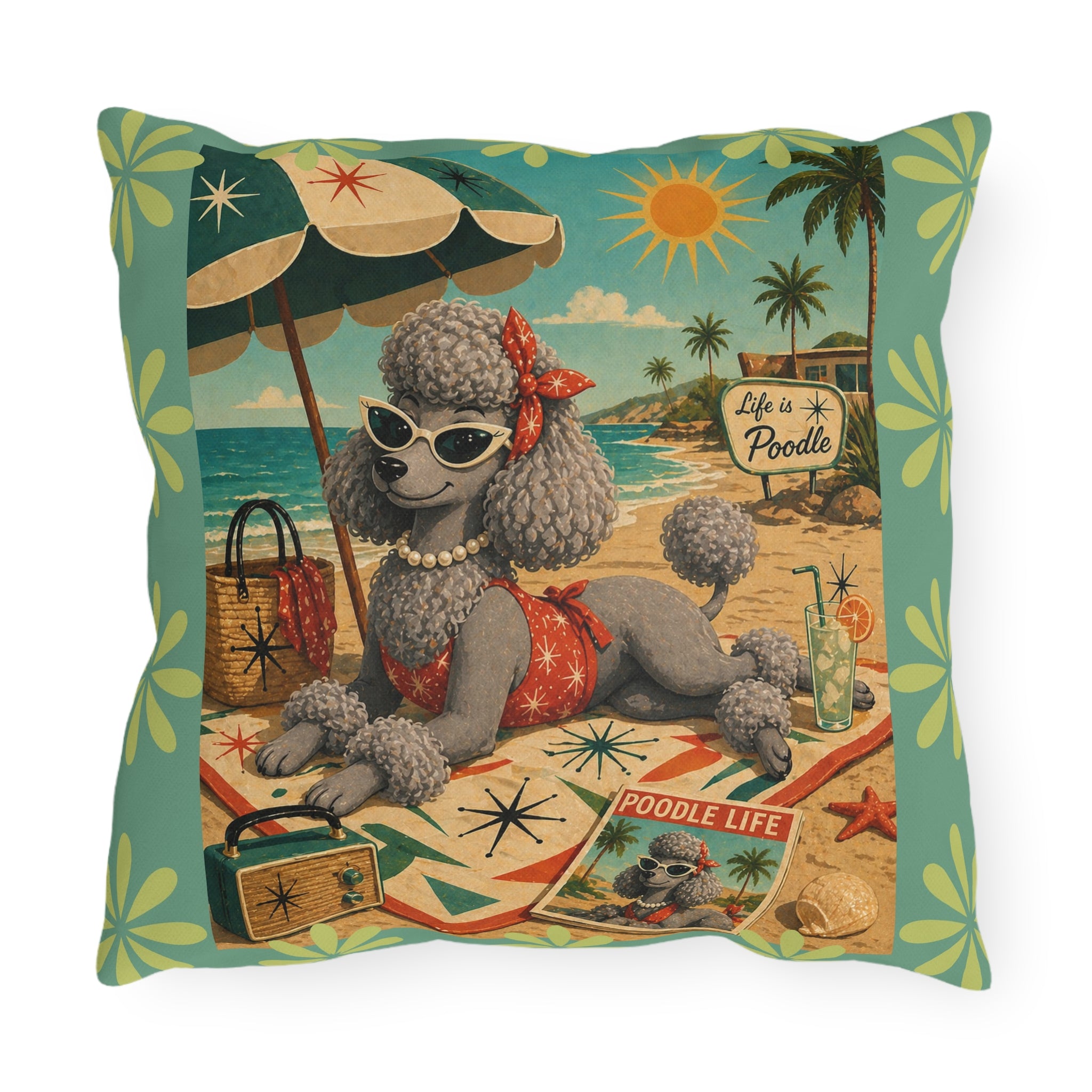 Retro Beach Poodle Outdoor Pillow | Vintage MCM Pinup Dog Tropical Scene
