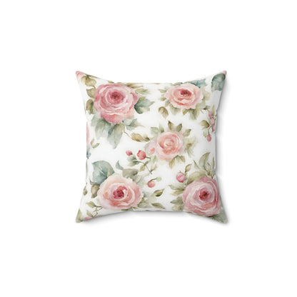 Pink rose watercolor vintage inspired shabby chic square pillow, Farmhouse decor, country cottage, scatter throw cushion