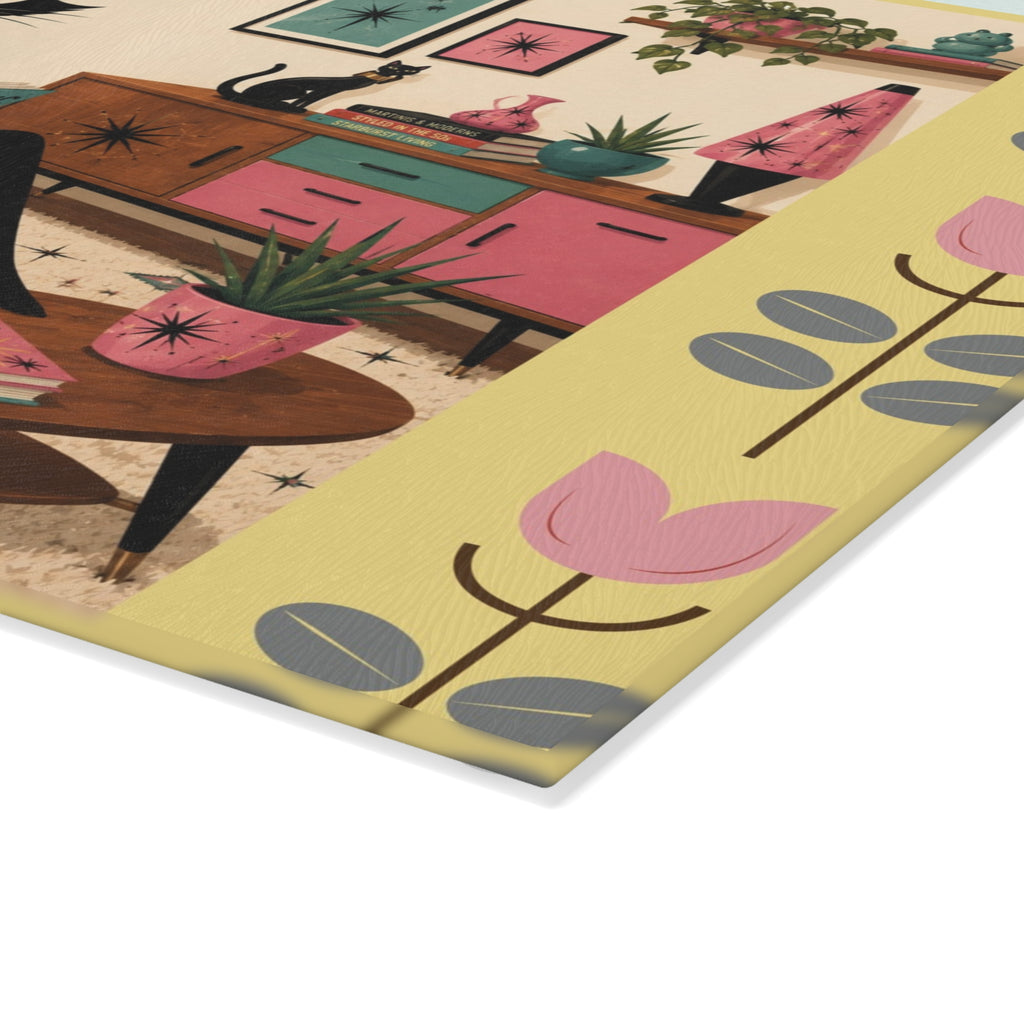 Retro Lounge Atomic Cat Glass Cutting Board | Mid Century Kitchen Decor