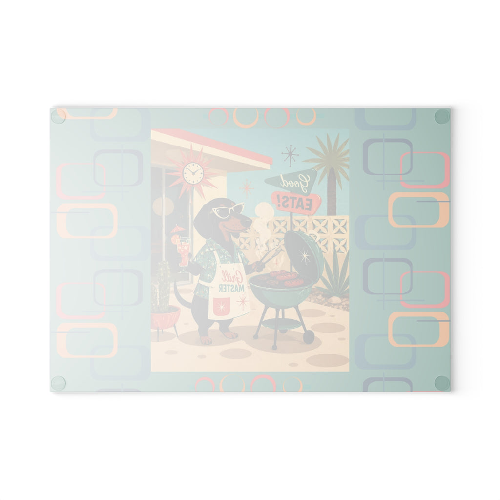 Retro Dachshund BBQ Glass Cutting Board | Mid Century Grill Dog Kitchen Decor