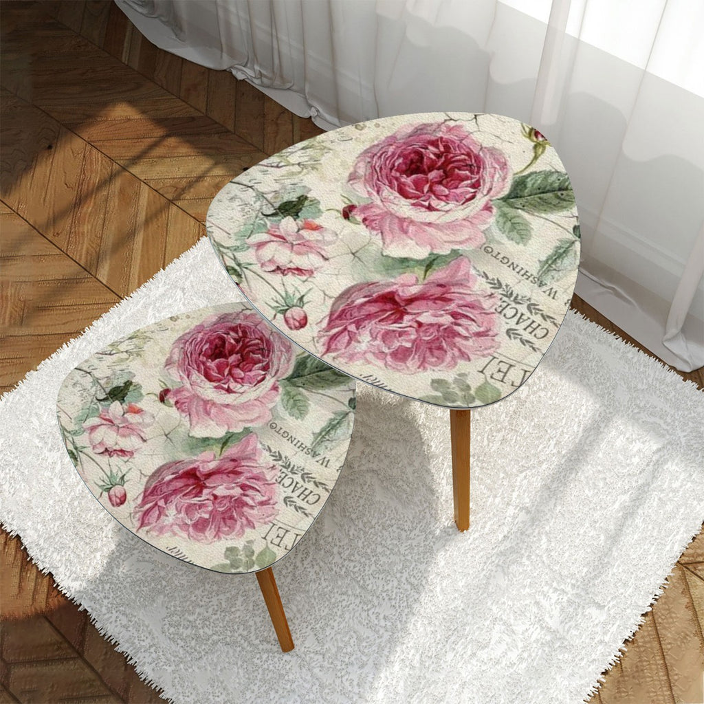 Triangle Coffee Table Set of 2 (Made in USA) Shabby chic pink peony rose tables