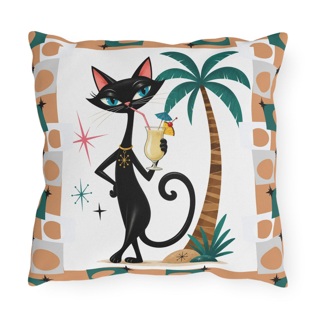 Retro Atomic Black Cat Tiki Outdoor Pillow | Palm Tree Cocktail Cushion