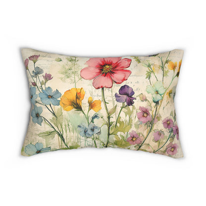 Wildflowers watercolor Shabby chic Polyester Lumbar Pillow, chic living room decor, cottage garden, scatter cushion, support pillow