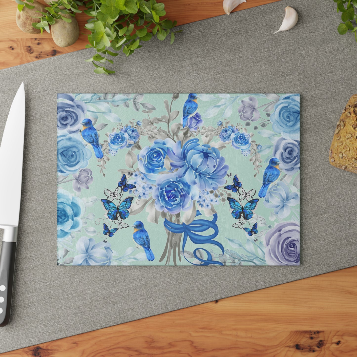 Blue and white, flowers, birds and butterflies, home decor, food preparation Glass Cutting Board