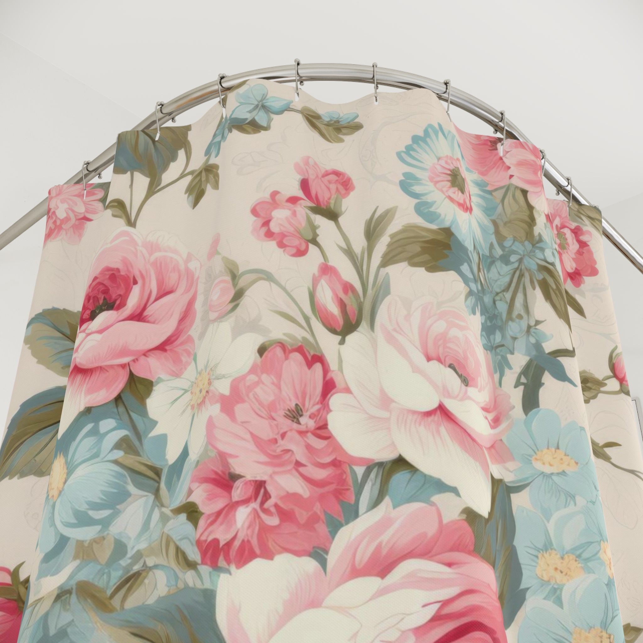 Blue and pink roses shabby chic shower curtain, vintage curtains, vintage bath decor, floral bathroom, flower curtains