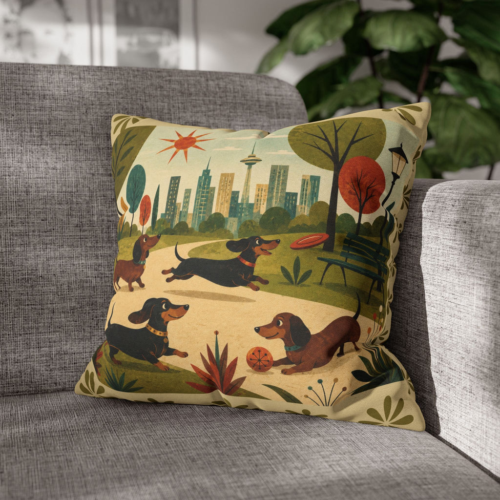 MCM Dachshund Park Scene Pillowcase | Square Decorative Throw Pillowcase - COVER ONLY
