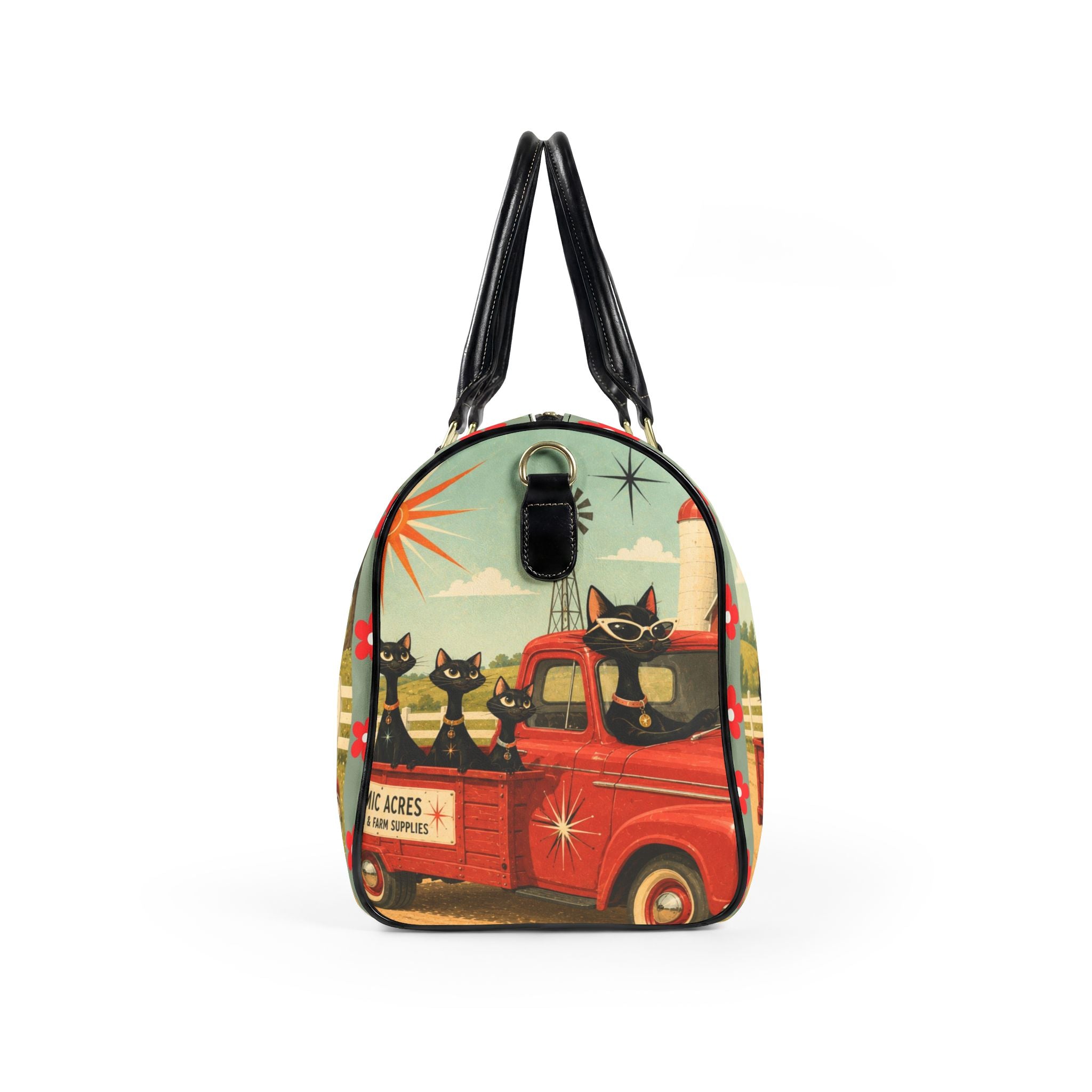 Retro Atomic Cats Truck Faux Leather Travel Bag | Atomic Acres Vintage Roadside Art
