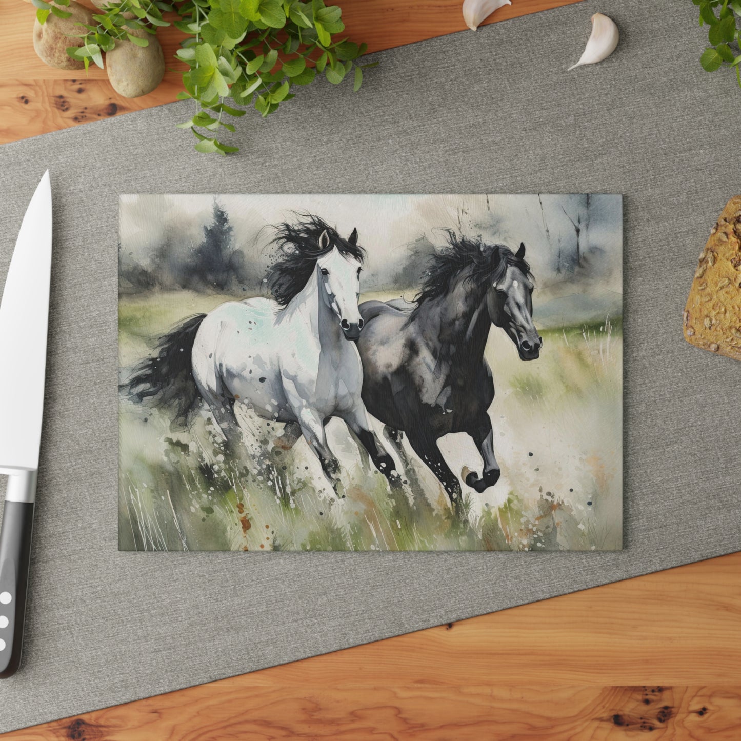 Glass Cutting Board, watercolor horse painting, unique, serving, cheese, ktichenware, bread chopping board